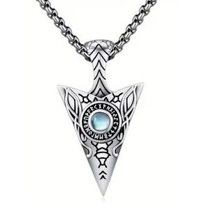 Viking Inspired Norse god Odin Arrowhead Necklace Synthetic Blue Moonstone